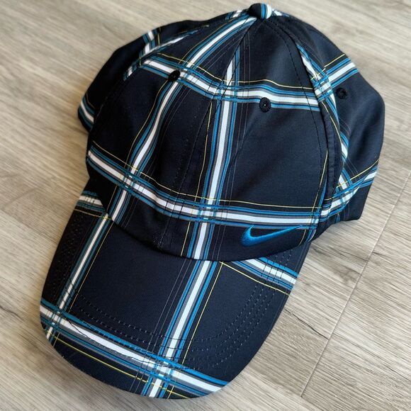 Nike Golf Hat Ball Cap Black & Blue Windowpane Plaid - Picture 1 of 9